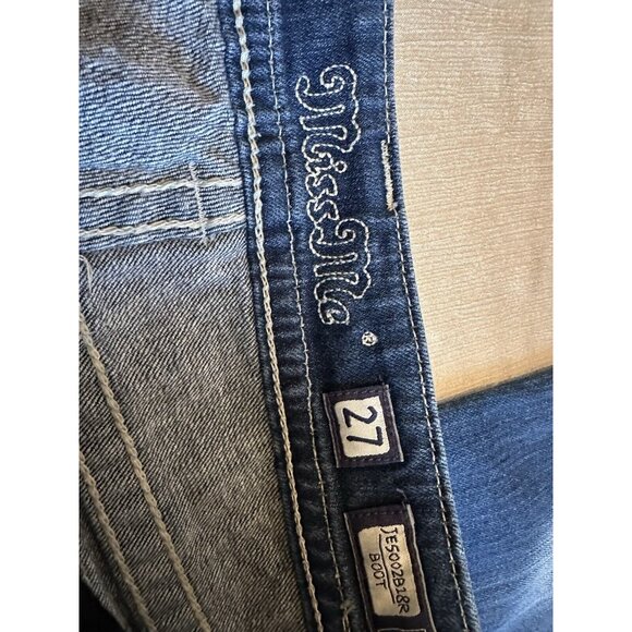 Miss Me Jeans Sz 27 Boot Rhinestone Belt Sparkle Flap Pocket Lo Rise Medium Wash - Picture 7 of 10